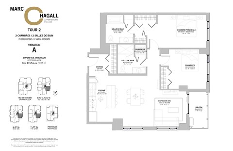 A floor plan for Marc Hagall Apartments shows two bedrooms and two bathrooms in each apartment.